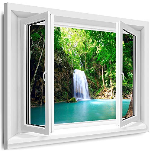 Myartstyle - Bilder Fenster 100x120cm XXL Leinwandbilder - 1 Teilige Wandbilder Fensterblick Wasserfall Natur Landschaft Kunstdrucke w-D4-132 von Myartstyle