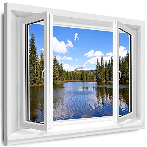 Myartstyle - Bilder Fenster 50x60cm XXL Leinwandbilder - 1 Teilige Wandbilder Fensterblick See Wald Natur Landschaft Kunstdrucke w-D4-135 von Myartstyle