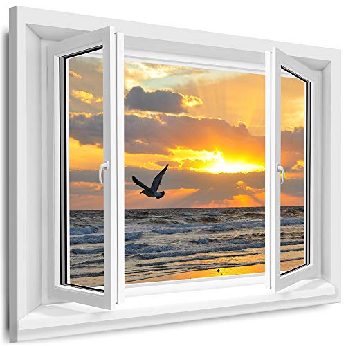 Myartstyle - Bilder Fenster 70x60cm XXL Leinwandbilder - 1 Teilige Wandbilder Fensterblick Vogel Meer Landschaft Natur Kunstdrucke w-D4-115 von Myartstyle