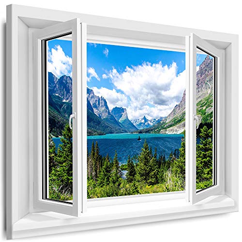 Myartstyle - Bilder Fenster 70x80cm XXL Leinwandbilder - 1 Teilige Wandbilder Fensterblick Wasser hohe Berge Landschaft Natur Kunstdrucke w-D4-165 von Myartstyle