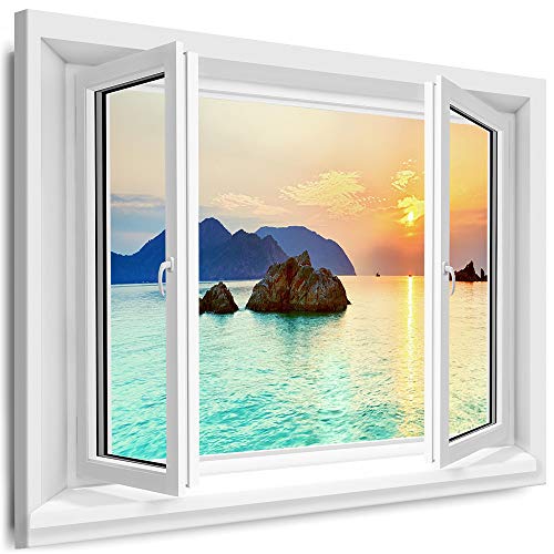 Myartstyle - Bilder Fenster 80x100cm XXL Leinwandbilder - 1 Teilige Wandbilder Fensterblick Blaue Lagune Landschaft Natur Kunstdrucke w-D4-180 von Myartstyle