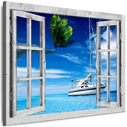 Myartstyle - Bilder Fenster 80x100cm XXL Leinwandbilder - 1 Teilige Wandbilder Fensterblick Palme Landschaft Natur Kunstdrucke w-D4-47 von Myartstyle
