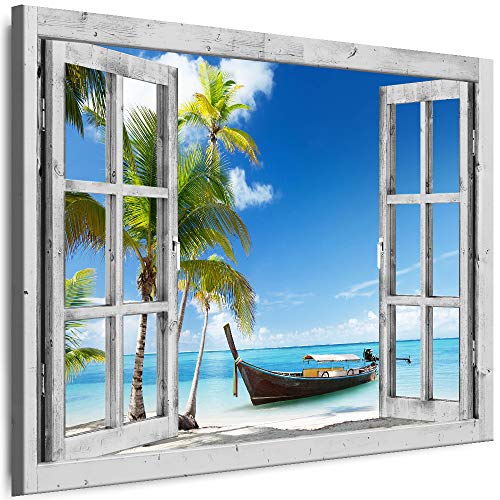 Myartstyle - Bilder Fenster 80x100cm XXL Leinwandbilder - 1 Teilige Wandbilder Fensterblick Strand Palmen Landschaft Natur Kunstdrucke w-D4-40 von Myartstyle