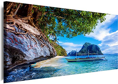 Myartstyle - Bilder Panorama 80x30cm - Leinwandbild 1 Teilig - XXL Wandbild Meer Boot Berg Kunstdrucke Natur Landschaften w-1p-s222-9 von Myartstyle