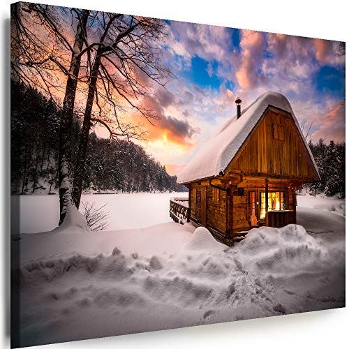 Myartstyle - Bilder Winterlandschaften 80 x 60 cm Leinwandbilder XXL - 1 Teilige Wandbilder Winter Haus Licht Fenster Wald Kunstdrucke w-P4-73 von Myartstyle