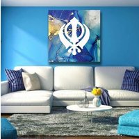 Blau Gold Marmor Khanda Sikh Bedruckte Leinwand | Innen Gerahmtes Bild Wanddeko Punjabi Wohngeschenk Einweihungsposter Kunstarbeit von Mycanvasesuk