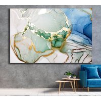 Wandbild Leinwand, Abstrakte Tinte Grün Hellblau Gold Flüssig Marmor, Bedruckte Leinwand Wand Wandbild, Neues Zuhause Geschenk, Kunst Dekor von Mycanvasesuk