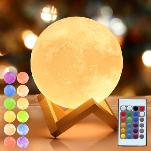 Mydethun 2024 Aktualisieren 16 Farben Mondlampe mit Holzsockel, Muttertagsgeschenk,12cm LED 3D Mondlicht, Fernbedienung, USB Aufladung, Nachtlicht, Lampe für Kinder,Mädchen,Schlafzimmer,Heimdekoration von Mydethun