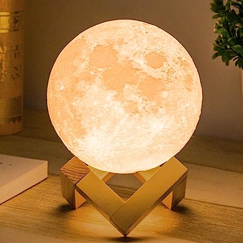 Mydethun Mondlampe 3D Moonlight 12cm mit Holzständer Touch Control und USB wiederaufladbar weiß & gelb Geschenke für Frauen Mädchen Mutter Heimdekoration von Mydethun