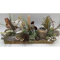 Herbstgesteck Herbstdekoration Teelicht Zitrone Vogel Zapfen Beeren Gräser Creme Gold von MyfleurDE