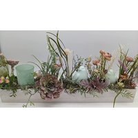 Tischgesteck Sommergesteck Teelicht Vogel Blüten Gräser Mint Rosa von MyfleurDE