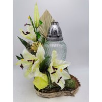 Trauergesteck Grabgesteck Grabschmuck Kunstblumengesteck Grablicht Lilien Weiß von MyfleurDE