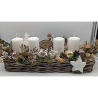 Weihnachtsgesteck Adventsgesteck Tischgesteck Geschenke Frohes Fest Kerzen Zapfen Weiß von MyfleurDE