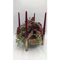 Weihnachtsgesteck Adventskranz Adventsgesteck Apfel Zapfen Rose Heide Gräser Tanne Dunkelrot Gold von MyfleurDE