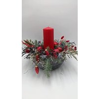 Weihnachtsgesteck Adventskranz Adventsgesteck Kugel Zapfen Stern Kerze Beeren Tanne Rot Grau von MyfleurDE