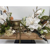 Weihnachtsgesteck Teelicht Kugel Stern Magnolie Weiß von MyfleurDE