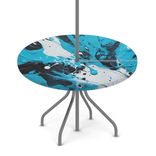 Myfsucce Abstrakte wasserdichte Outdoor-Tischdecke mit Schirmloch und elastischem Rand, passgenaues Design für Terrasse, Garten und Picknick, lichtechtes Polyester mit Reißverschluss, Blau / Schwarz von Myfsucce