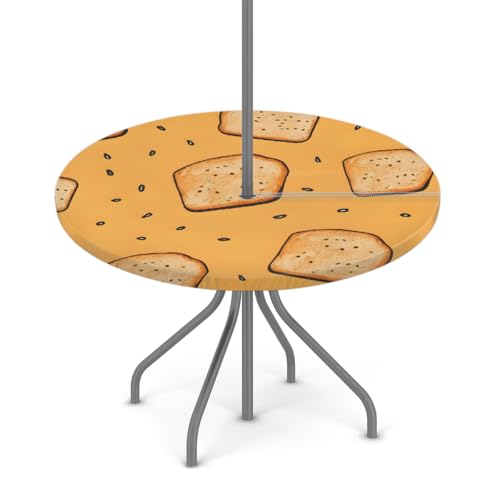 Myfsucce Cartoon Toast Wasserdichte Outdoor-Tischdecke mit Schirmloch und elastischem Rand, passgenaues Design für Terrasse, Garten und Picknick, nicht verblassendes Polyester mit Reißverschluss von Myfsucce