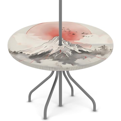 Myfsucce Japanische Bergsonne wasserdichte Outdoor-Tischdecke mit Schirmloch und elastischem Rand, passgenaues Design für Terrasse, Garten und Picknick, nicht verblassendes Polyester mit von Myfsucce