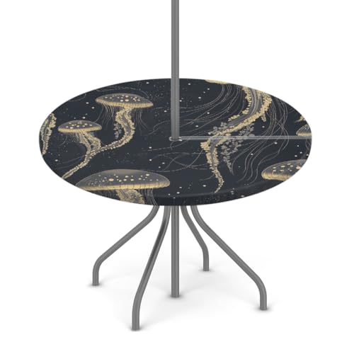 Myfsucce Jellyfish schwarze wasserdichte Outdoor-Tischdecke mit Schirmloch und elastischem Rand, passgenaues Design für Terrasse, Garten und Picknick, nicht verblassendes Polyester mit Reißverschluss von Myfsucce