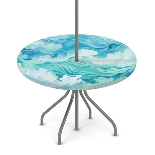 Myfsucce Sea Teal Wave wasserdichte Outdoor-Tischdecke mit Schirmloch und elastischem Rand, passgenaues Design für Terrasse, Garten und Picknick, lichtechtes Polyester mit Reißverschluss von Myfsucce
