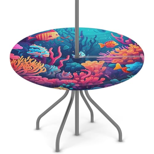 Myfsucce Unterwasser-Tischdecke mit tropischen Fischen, wasserdicht, mit Schirmloch und elastischem Rand, passgenaues Design für Terrasse, Garten und Picknick, lichtechtes Polyester mit Reißverschluss von Myfsucce
