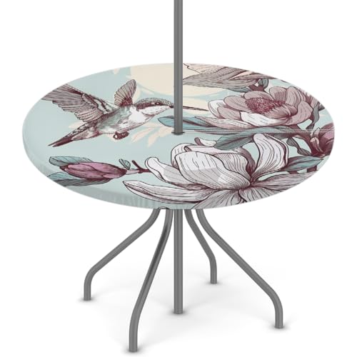 Myfsucce Wasserdichte Outdoor-Tischdecke mit Blumen-Kolibri, mit Schirmloch und elastischem Rand, passgenaues Design für Terrasse, Garten und Picknick, lichtechtes Polyester mit Reißverschluss von Myfsucce