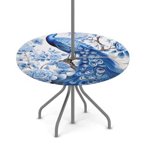Myfsucce Wasserdichte Outdoor-Tischdecke mit Blumenmotiv und Pfauenmotiv, mit Schirmloch und elastischem Rand, passgenaues Design für Terrasse, Garten und Picknick, nicht verblassendes Polyester mit von Myfsucce