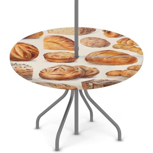 Myfsucce Wasserdichte Outdoor-Tischdecke mit Brotmuster, mit Schirmloch und elastischem Rand, passgenaues Design für Terrasse, Garten und Picknick, nicht verblassendes Polyester mit Reißverschluss von Myfsucce