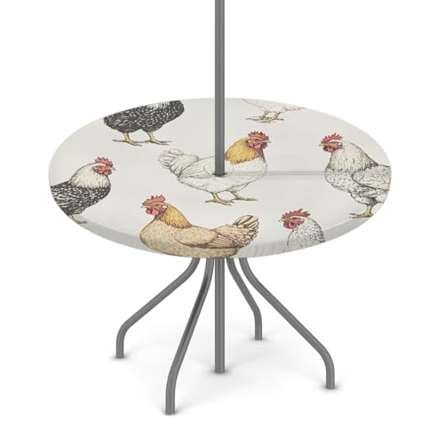 Myfsucce Wasserdichte Outdoor-Tischdecke mit Hahn-Hühnern, mit Schirmloch und elastischem Rand, passgenaues Design für Terrasse, Garten und Picknick, lichtechtes Polyester mit Reißverschluss von Myfsucce