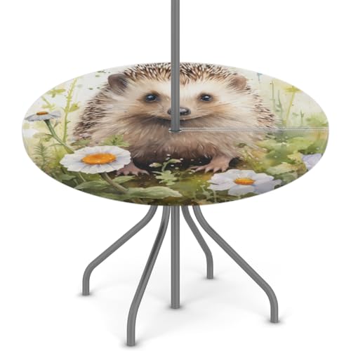 Myfsucce Wasserdichte Outdoor-Tischdecke mit Igel-Blume, mit Schirmloch und elastischem Rand, passgenaues Design für Terrasse, Garten und Picknick, lichtechtes Polyester mit Reißverschluss von Myfsucce