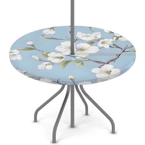 Myfsucce Wasserdichte Outdoor-Tischdecke mit Schirmloch und elastischem Rand, passgenaues Design für Terrasse, Garten und Picknick, lichtbeständiges Polyester mit Reißverschluss, Weiß von Myfsucce