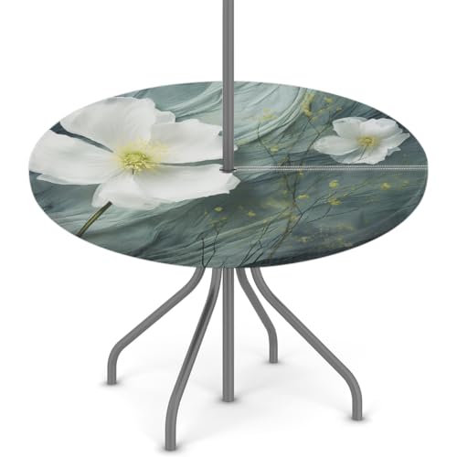Myfsucce Wasserdichte Outdoor-Tischdecke mit Schirmloch und elastischem Rand, passgenaues Design für Terrasse, Garten und Picknick, lichtechtes Polyester mit Reißverschluss, Weiß von Myfsucce