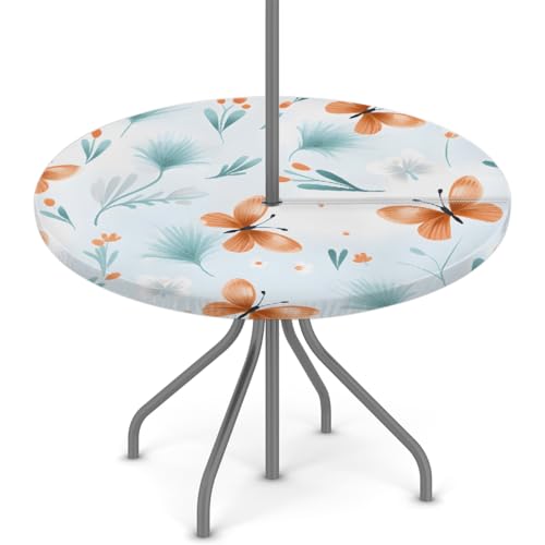 Myfsucce Wasserdichte Outdoor-Tischdecke mit Schmetterlings-Blumenmuster, mit Schirmloch und elastischem Rand, passgenaues Design für Terrasse, Garten und Picknick, nicht verblassendes Polyester mit von Myfsucce