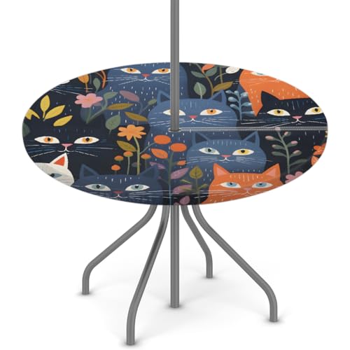 Myfsucce Wasserdichte Outdoor-Tischdecke mit ethnischem Katzenmuster, mit Schirmloch und elastischem Rand, passgenaues Design für Terrasse, Garten und Picknick, nicht verblassendes Polyester mit von Myfsucce