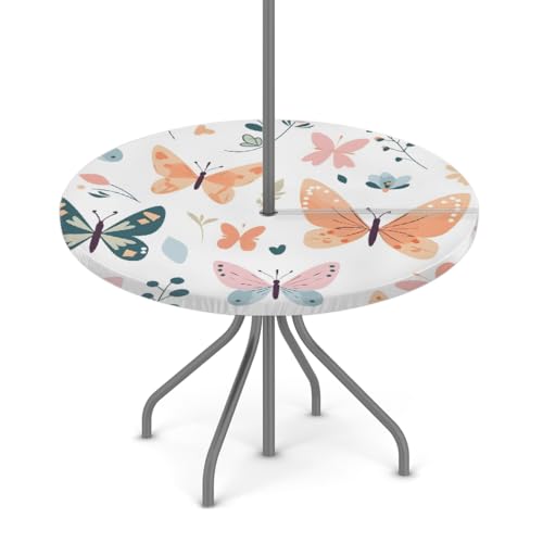 Myfsucce Wasserfarbene, bunte Schmetterling-Tischdecke mit Schirmloch und elastischem Rand, passgenaues Design für Terrasse, Garten und Picknick, lichtechtes Polyester mit Reißverschluss von Myfsucce