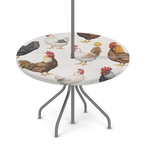 Myfsucce Wasserfeste Outdoor-Tischdecke mit Hühner-Hahn-Motiv mit Schirmloch und elastischem Rand, passgenaues Design für Terrasse, Garten und Picknick, lichtechtes Polyester mit Reißverschluss von Myfsucce