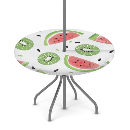 Myfsucce Wassermelonen-Kiwi-Muster, wasserdichte Outdoor-Tischdecke mit Schirmloch und elastischem Rand, passgenaues Design für Terrasse, Garten und Picknick, lichtechtes Polyester mit Reißverschluss von Myfsucce
