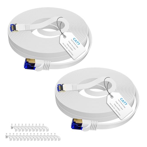 Cat 7 Flach Netzwerkkabel Weiß(1.5 Meter,2 Stück),Hochgeschwindigkeits Lan Kabel,Gigabit Ethernet Kabel Mit Slim RJ45 Stecker,RJ45 Internet Patchkabel für Router, Switch, Modem-mit 25 Kabelclips von Mygatti
