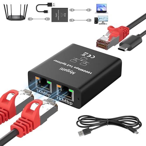 LAN Splitter 1 auf 2(RJ45 in,2 RJ45 Out), Gigabit Ethernet Splitter(gleichzeitig Arbeiten), mit USB-C Stromkabel,1000Mbps RJ45 Netzwerk-Splitter für Computer, Switch, Router, Digital TV, etc. von Mygatti