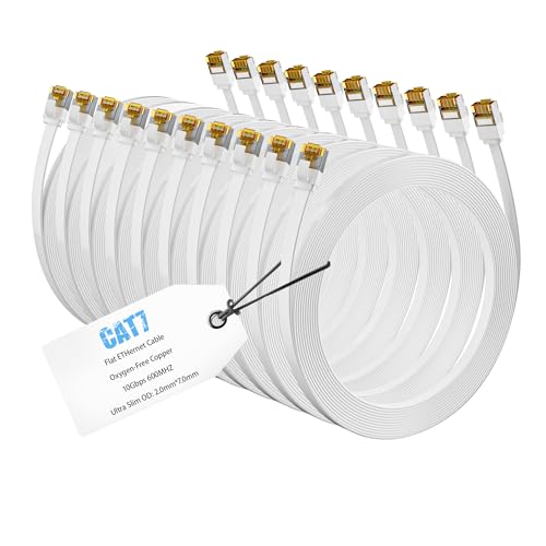Mygatti 1 Meter/10 Stück Cat7 Flach und Dünn Ethernet Kabel-Weiß,Hochgeschwindigkeits-LAN-Kabel,10 Gbit/s 600 MHz FTP Internetkabel mit RJ45-Stecker,für POE-Kamera,Router,Switch,Modem von Mygatti