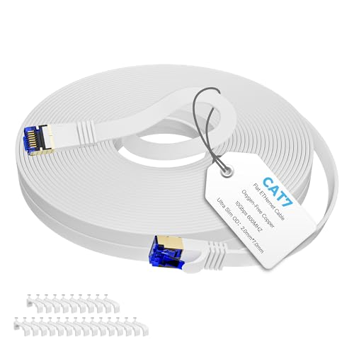 Mygatti Cat 7 Flach Netzwerkkabel Weiß(5 Meter),Hochgeschwindigkeits Lan Kabel,Gigabit Ethernet Kabel Mit Slim RJ45 Stecker,RJ45 Internet Patchkabel für Router, Switch, Modem-mit 25 Kabelclips von Mygatti