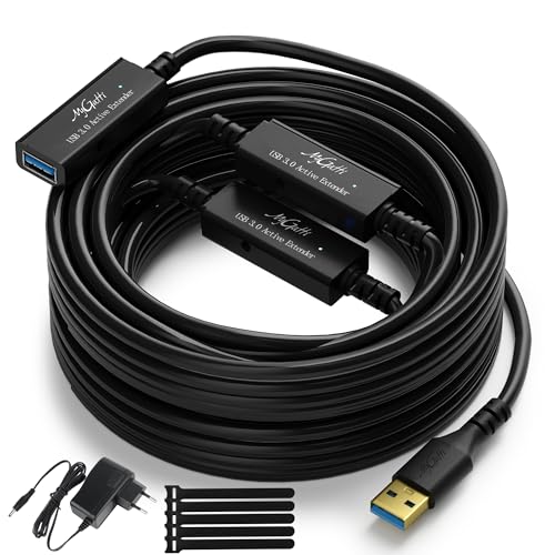 Mygatti 20 m Active USB 3.0 Male to Female Extension Cable with 3 Signal Amplifiers and Power Supply，USB A Repeater Cable，Compatible with Laptops, Hard Drives, Xbox, PS4, VR，with 5 cable ties von Mygatti