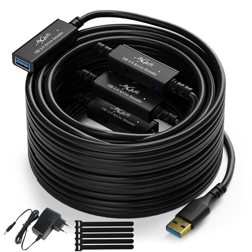 Mygatti 25 m Active USB 3.0 Male to Female Extension Cable with 4 Signal Amplifiers and Power Supply，USB A Repeater Cable，Compatible with Laptops, Hard Drives, Xbox, PS4, VR，with 5 cable ties von Mygatti