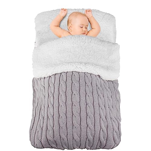 Pucksack Baby Winter 0-3-6 Monate Neugeborene Winterschlafsack Gestrickt Pucktuch Wickeldecke Babyschlafsack mit Fleece für Jungen/Mädchen (Grau) von Mygeromon