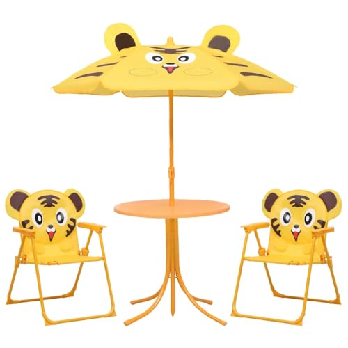 Myheimly 3-TLG. Garten-Bistro-Set Campingstuhl Tisch Sitzgruppe Sonnenschirm Kinder Gartenmöbel mit Sonnenschirm Gelb von Myheimly