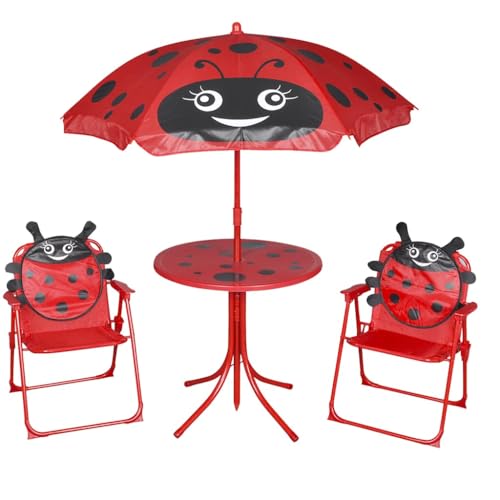 Myheimly 3-TLG. Garten-Bistro-Set Campingstuhl Tisch Sitzgruppe Sonnenschirm Kinder Gartenmöbel mit Sonnenschirm Rot von Myheimly