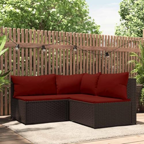 Myheimly 3-TLG. Garten-Lounge-Set mit Kissen Braun Poly Rattan Eckteil + 2X Mittelteil Braun und Rot von Myheimly