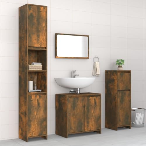 Myheimly 4-TLG. Badmöbel-Set Spiegel Unterschrank Badschrank Midi Schrank Hochschrank Waschbeckenunterschrank Badezimmermöbel Räuchereiche Holzwerkstoff von Myheimly