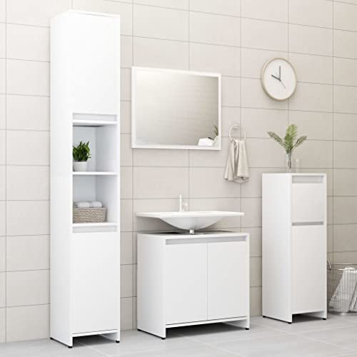 Myheimly 4-TLG. Badmöbel-Set Spiegel Unterschrank Badschrank Midi Schrank Hochschrank Waschbeckenunterschrank Badezimmermöbel Weiß Holzwerkstoff von Myheimly